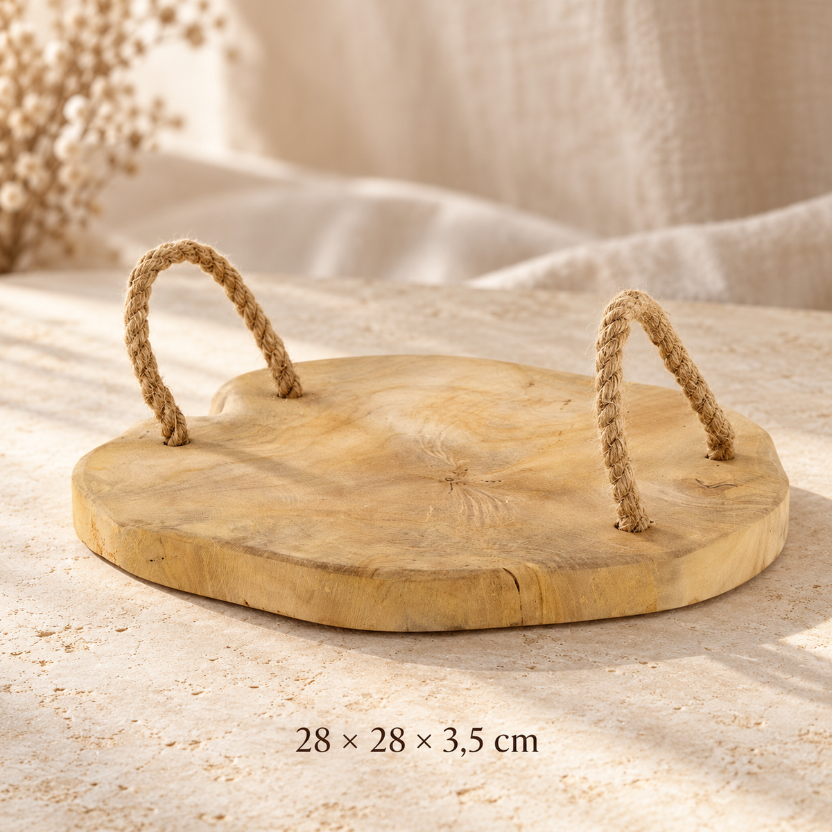 Teakholz-Dekotablett „Naturstück“ mit Seilgriffen