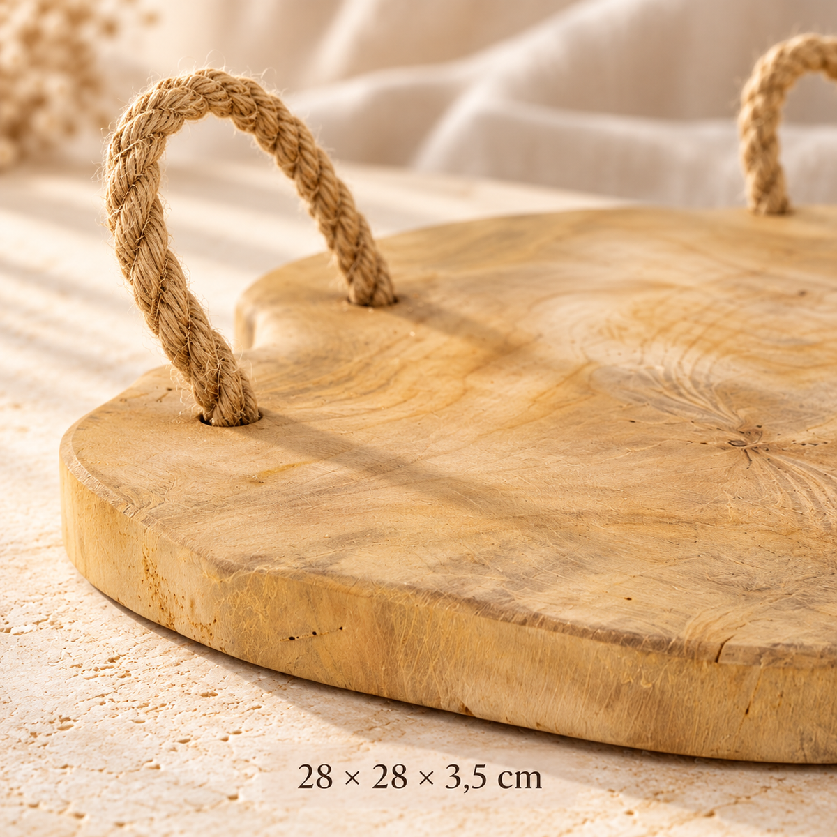 Teakholz-Dekotablett „Naturstück“ mit Seilgriffen