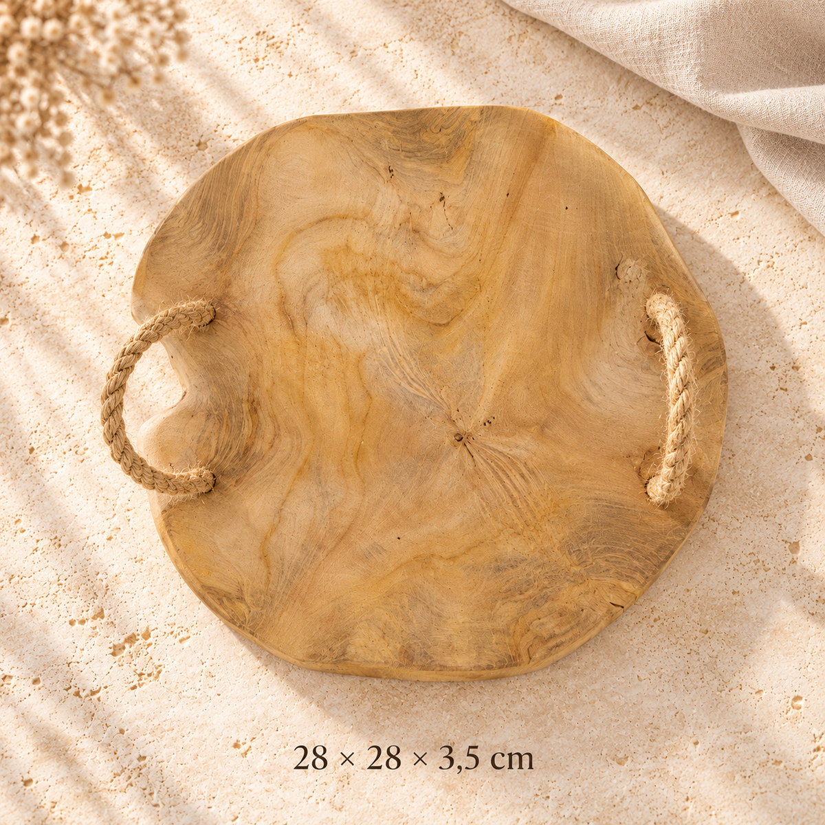 Teakholz-Dekotablett „Naturstück“ mit Seilgriffen